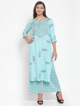 Indibelle - Sky Blue Rayon Block Print Straight Kurta with Palazzo (Set of 2)