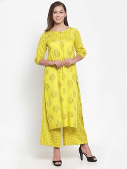 Indibelle - Neon Yellow Rayon Blockprint Straight Kurta with Palazzo (Set of 2)