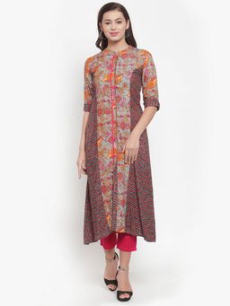 Indibelle - Gray Pink Rayon Abstract Print A-Line Kurta with Pant (Set of 2)