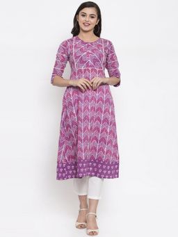 Indibelle - Cotton Purple Geometric Print A-Line Kurta with Pant (Set of 2)