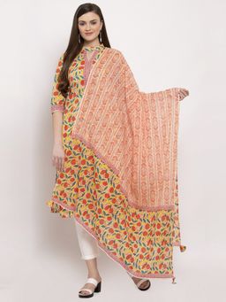 Indibelle - Cotton Yellow Floral Print Straight Kurta Trouser with Dupatta (Set of 3)