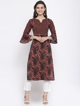 Indibelle - Cotton Coffee Brown Abstract Print Straight Kurta with Trouser (Set of 2)