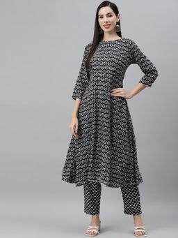 Indibelle - Cotton Black Floral Print A-Line Kurta with Trouser (Set of 2)
