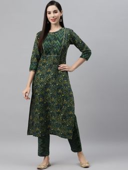 Indibelle - Cotton Green Floral Print Straight Kurta with Trouser (Set of 2)