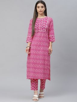 Indibelle - Cotton Pink Floral Print Straight Kurta with Trouser (Set of 2)