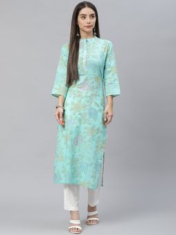 Indibelle - Cotton Sea Green Lurex Floral Print Straight Kurta with Trouser (Set of 2)