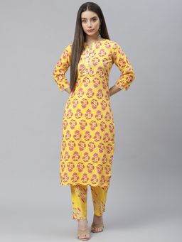 Indibelle - Cotton Yellow Floral Print Straight Kurta with Trouser (Set of 2)