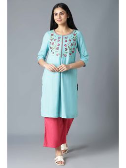 Aurelia - Blue Embroidered Kurta In Round Neck with Pink Straight Palazzo (Set of 2)