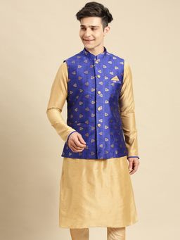 Sanwara - Mens Ink Blue Printed Art Silk Ethnic Bandi Jacket