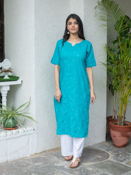 SVARCHI - Cotton Blend Embellished Straight Kurta-Turquoise