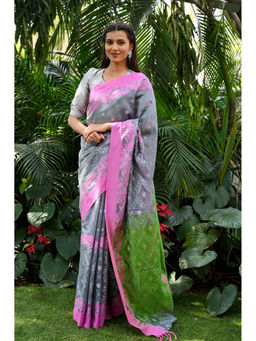 Beatitude - Grey Handloom Cotton Silk Saree with Unstitched Blouse
