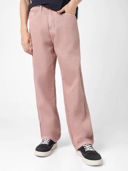 Urbano Fashion - Men's Dark Pink Loose Baggy Fit Washed Jeans Non-Stretchable