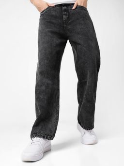 Urbano Fashion - Men's Black Loose Baggy Fit Washed Jeans Non-Stretchable