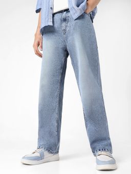 Urbano Fashion - Men's Light Blue Loose Baggy Fit Washed Jeans Non-Stretchable