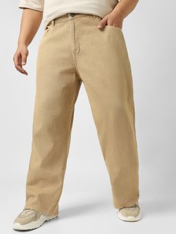 Urbano Plus - Men's Beige Loose Baggy Fit Washed Jeans Non-Stretchable