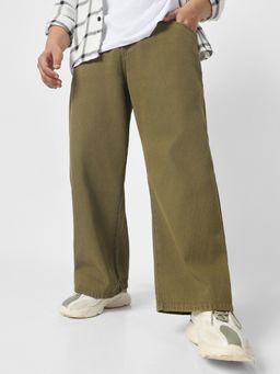 Urbano Plus - Men's Dark Olive Loose Baggy Fit Washed Jeans Non-Stretchable