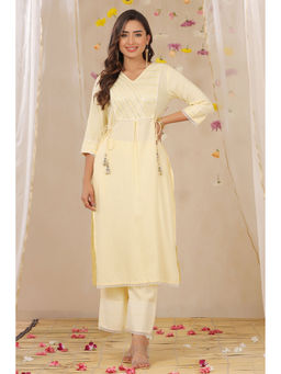 Juniper - Yellow Rayon Slub Embroidered A-line Kurta Palazzo Set (Set of 2)
