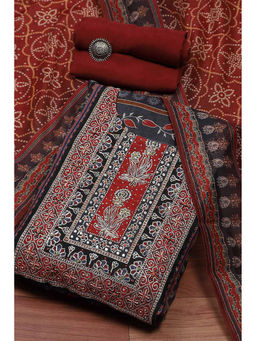 Biba - Red Chanderi Blend Hand Embroidered Unstitched Dress Material (Set of 3)