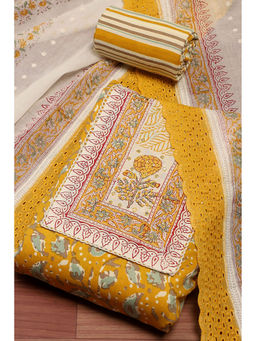 Biba - Yellow Cotton Hand Embroidered Unstitched Dress Material (Set of 3)