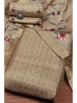 Biba - Brown Yellow Silk Tussar Handloom Unstitched Dress Material (Set of 3)