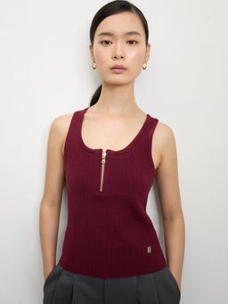 Pomelo - Zip-Up Ribbed Tank Top - Burgundy