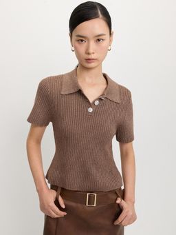 Pomelo - Rhinestone Button-Up Knit Top - Brown