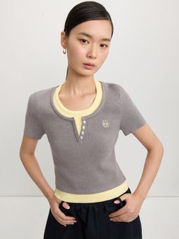 Pomelo - Layered Knit Top - Light Grey