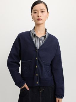 Pomelo - Embroidered Knit Cardigan - Navy Blue