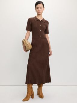 Pomelo - Buttoned Pleat Knit Midi Dress - Dark Brown