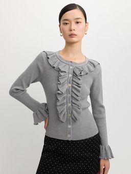 Pomelo - Ruffled Edge Button Cardigan - Mid Grey