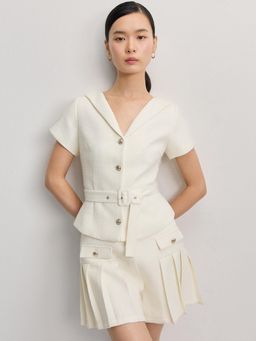 Pomelo - Tweed Belted Shirt Sleeve Top with Belt - Off-White