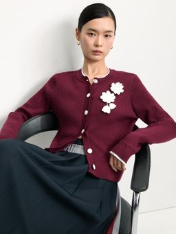 Pomelo - Floral Buttoned Cardigan - Maroon