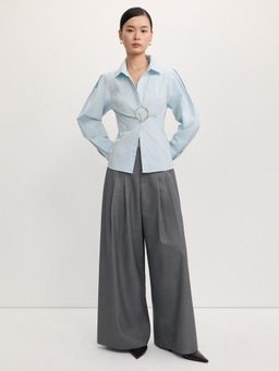 Pomelo - Wide Leg Pleated Trouser - Light Grey