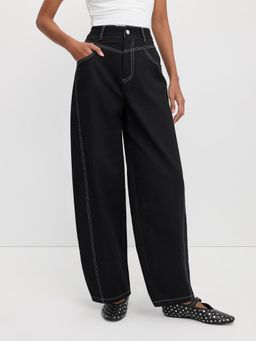 Pomelo - Contrast Stitch Wide Leg Jeans - Black
