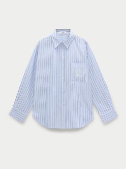 Pomelo - Heart Embroidered Striped Shirt - Baby Blue