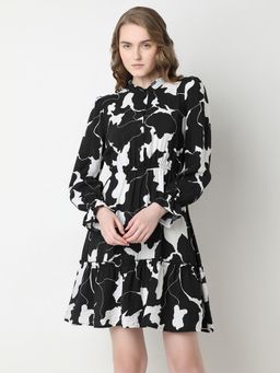 VERO MODA - Black Abstract Print Frill Short Dress
