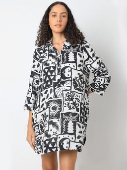 VERO MODA - Black Printed Linen Mini Shirt Dress