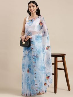 Vastranand - Blue Organza Party Wear Saree With Mirror Work Butta with Unstitched Blouse