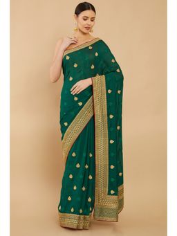 Soch - Women Green Cotton Embroidered Saree with Stitched Blouse