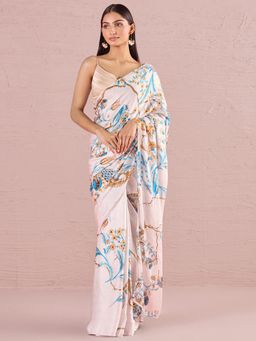 Navyasa By Liva - Cream Liva Crepe Floral Print Saree with Unstitched Blouse