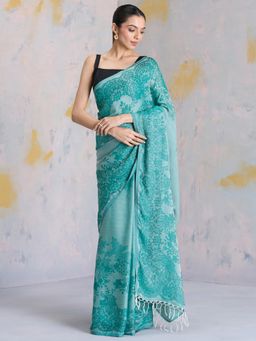 Navyasa By Liva - Turquoise Liva Jacquard Floral Print Saree with Unstitched Blouse