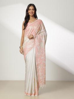 Navyasa By Liva - Off White Liva Jacquard Saree with Unstitched Blouse