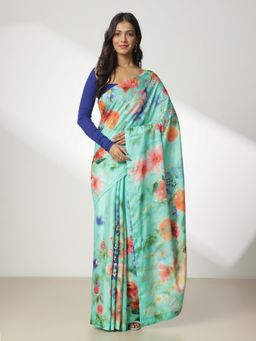 Navyasa By Liva - Sea Green Liva Stripes Floral Print Saree with Unstitched Blouse