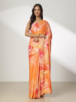 Navyasa By Liva - Beige Liva Stripes Floral Print Saree with Unstitched Blouse