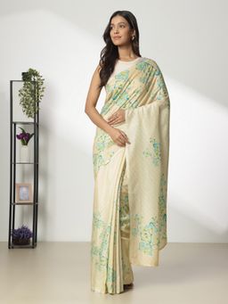 Navyasa By Liva - Cream Liva Linen Floral Print Saree with Unstitched Blouse