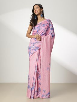 Navyasa By Liva - Pink Liva Linen Floral Print Saree with Unstitched Blouse