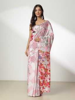 Navyasa By Liva - Pink Liva Linen Floral Print Saree with Unstitched Blouse