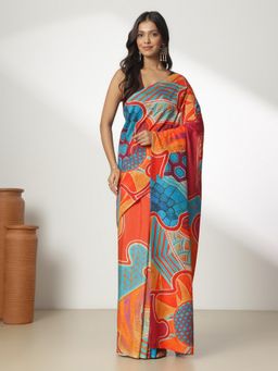 Navyasa By Liva - Rani Pink Liva Linen Geometric Print Saree with Unstitched Blouse