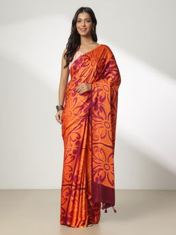 Navyasa By Liva - Orange Liva Satin Geometric Print Saree with Unstitched Blouse