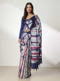 Navyasa By Liva - Blue Pink Liva Satin Geometric Print Saree with Unstitched Blouse